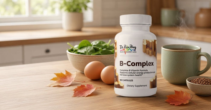 Dr. Rico Perez B-Complex supplement bottle on a sunlit kitchen counter with spinach, eggs, lentils, tea and autumn leaves