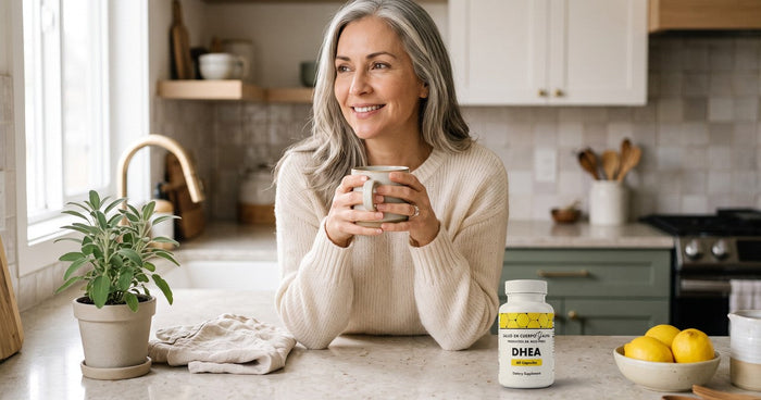 Smiling woman in her 50s holding a mug in a bright kitchen, with a bottle of Dr. Rico Perez DHEA on the counter
