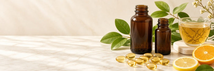 Supplement bottles, softgels, citrus and herbal tea