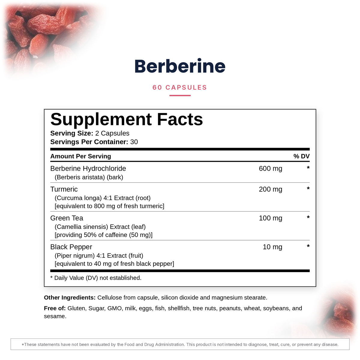 Dr. Rico Perez Berberine, Supplement Facts label