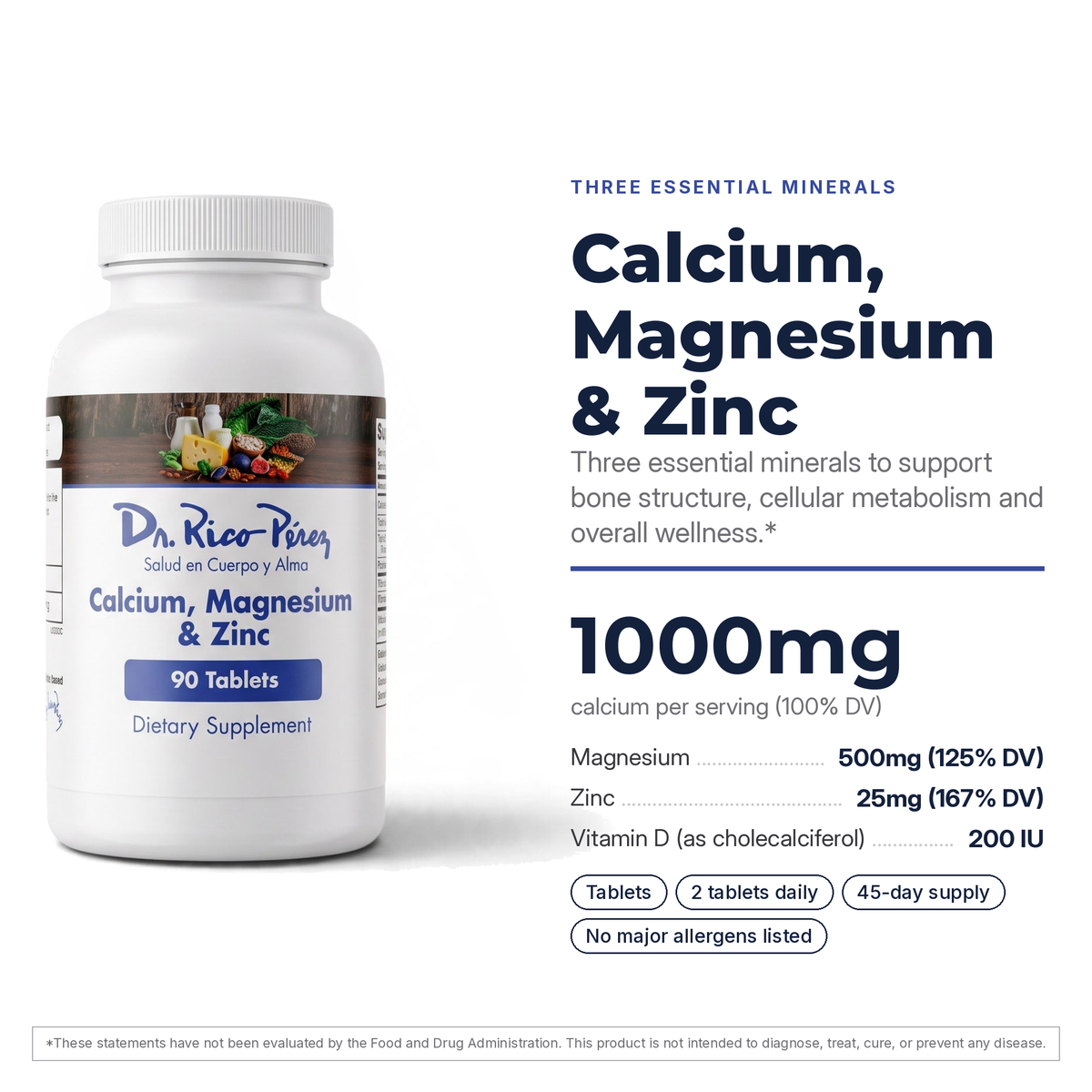 Dr. Rico Perez Calcium, Magnesium & Zinc facts card